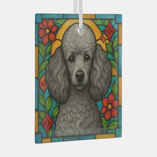 Grijs/Zilveren Poedel Hond "Glas in lood" Glas Ornament (Voorkant Rechts)