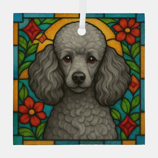 Grijs/Zilveren Poedel Hond "Glas in lood" Glas Ornament (Achterkant)