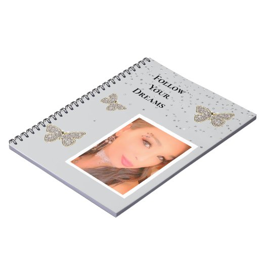 Grijs Zilveren Sparkle Vlinders Uw Foto Notitieboek (Linkerzijde)