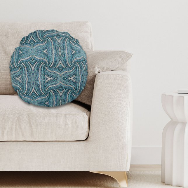 grijs zilverturquoise blauwgroen blauw bohemisch rond kussen (grey silver turquoise teal blue bohemian round pillow)