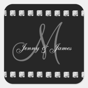 Grijs Zwart Diamanten Monogram Namen Bruiloft Vierkante Sticker