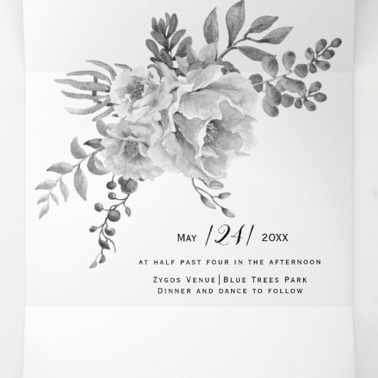 Grijs, zwart en wit waterverf bloemen bruiloft drieluik uitnodiging (Binnenkant midden)