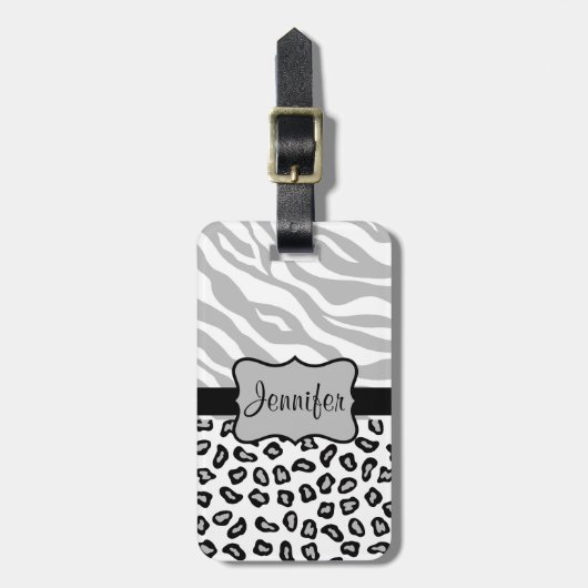 Grijs, zwart en wit Zebra & Cheetah Persoonlijk Bagagelabel (Voorkant verticaal)