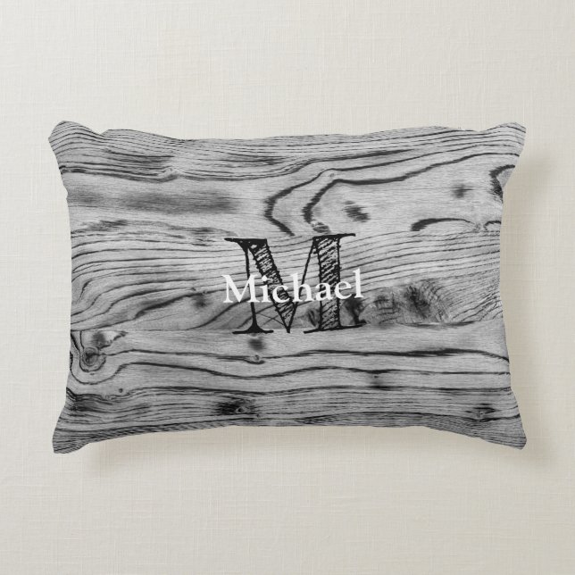  grijs zwart gebrand hout Monogram Accent Kussen (Voorkant)