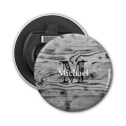 grijs zwart gebrand hout Monogram Button Flesopener (Voorkant)