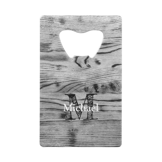 grijs zwart gebrand hout Monogram Creditkaart Flessenopener (Voorkant)
