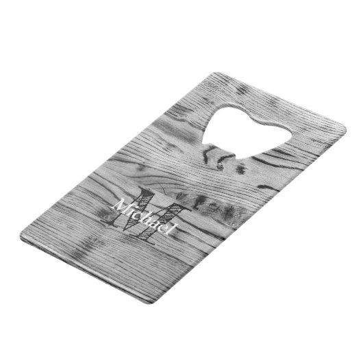 grijs zwart gebrand hout Monogram Creditkaart Flessenopener (Achterkant Gekanteld)