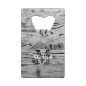 grijs zwart gebrand hout Monogram Creditkaart Flessenopener (Achterkant)