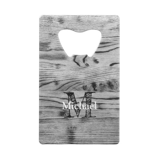 grijs zwart gebrand hout Monogram Creditkaart Flessenopener (Achterkant)