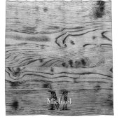 grijs zwart gebrand hout Monogram Douchegordijn (Voorkant)
