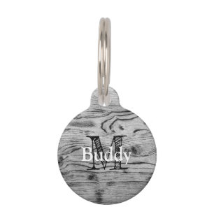  grijs zwart gebrand hout Monogram Huisdierpenning