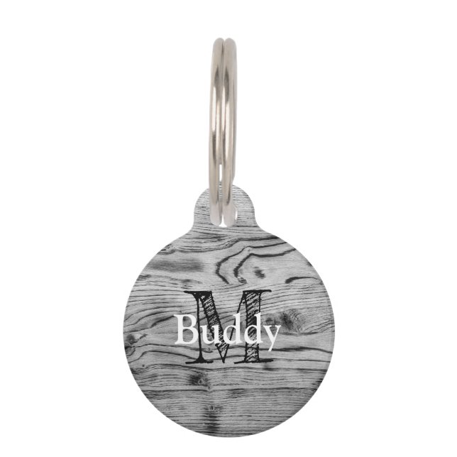  grijs zwart gebrand hout Monogram Huisdierpenning (Voorkant)