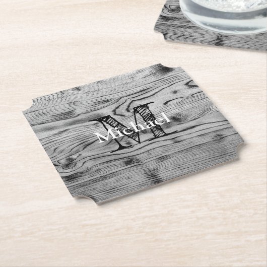 grijs zwart gebrand hout Monogram Kartonnen Onderzetters (Gekanteld)