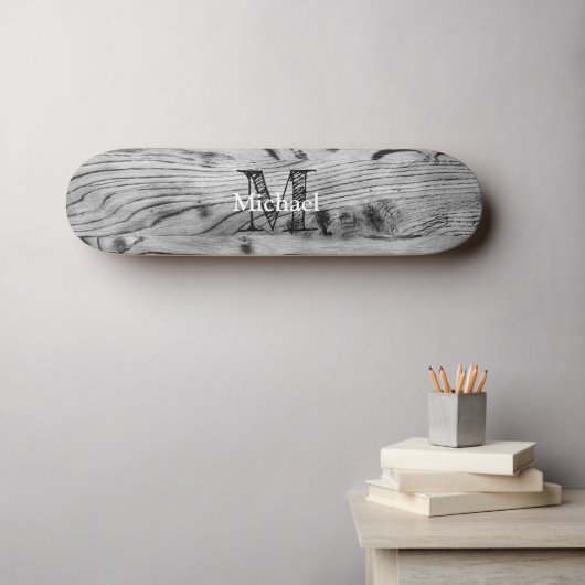  grijs zwart gebrand hout Monogram Persoonlijk Skateboard (Muurkunst (Horizontaal))
