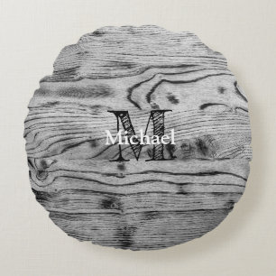 grijs zwart gebrand hout Monogram Rond Kussen
