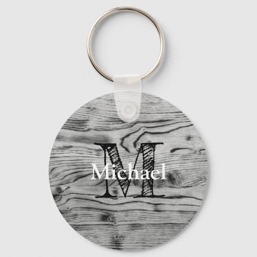  grijs zwart gebrand hout Monogram Sleutelhanger (Voorkant)