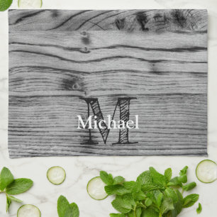 grijs zwart gebrand hout Monogram Theedoek
