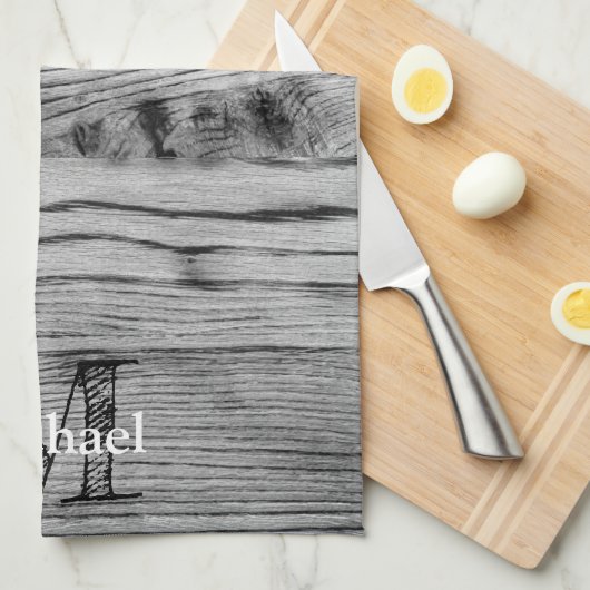  grijs zwart gebrand hout Monogram Theedoek (Quarter Fold)