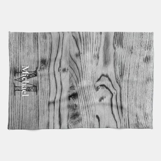  grijs zwart gebrand hout Monogram Theedoek (Horizontaal)