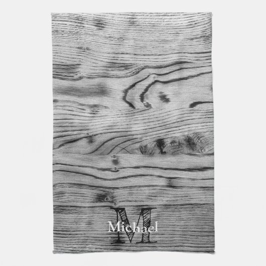  grijs zwart gebrand hout Monogram Theedoek (Verticaal)