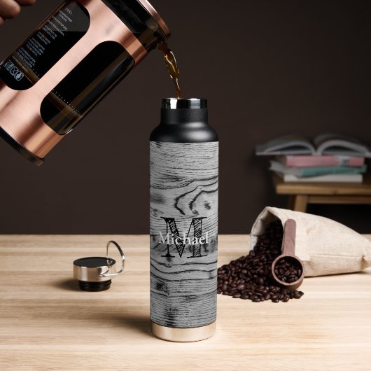  grijs zwart gebrand hout Monogram Waterfles (Koffie)