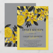 Grijs Zwart Geel Bloemen Waterverf Sweet 16 Kaart (Voorkant / Achterkant)