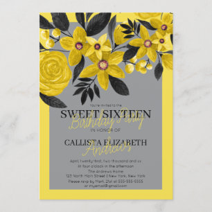 Grijs Zwart Geel Bloemen Waterverf Sweet 16 Kaart