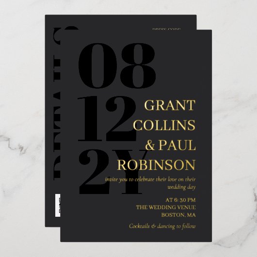 Grijs Zwart Goud Typografie 2 in 1 QR Code Bruilof Folie Uitnodiging (Voorkant / Achterkant)