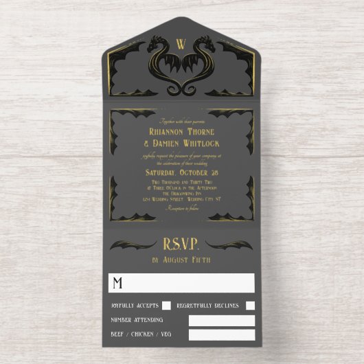 Grijs Zwart Gouden Draak Monogram Fantasy Wedding All In One Uitnodiging (Binnenkant)