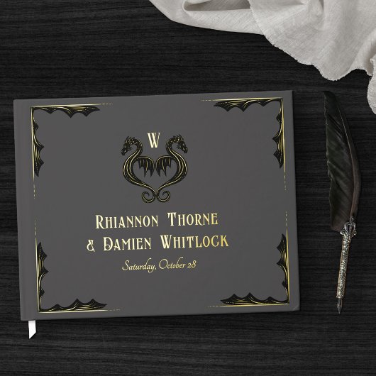 Grijs Zwart Gouden Draak Monogram Fantasy Wedding Gastenboek
