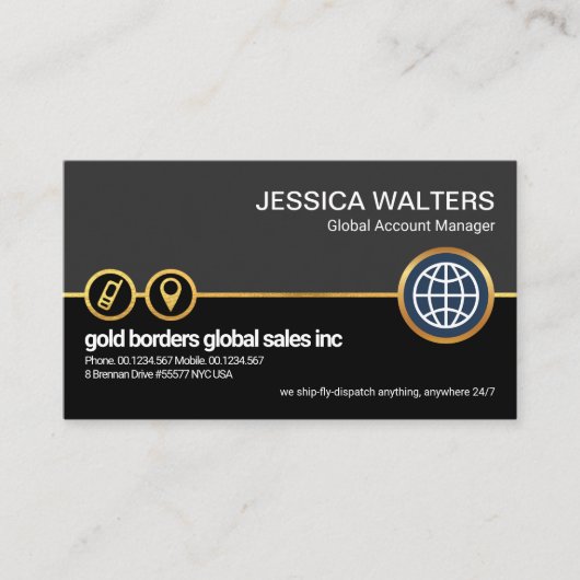 Grijs zwart laagpictogram Faux Gold Locatie wereld Visitekaartje (Voorkant)
