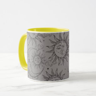 Grijs Zwart Magie Vintage Hemels Zon Maan Sterren Mok