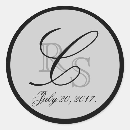 GRIJS ZWART MONOGRAMMED BRUILOFT GUNST RONDE STICKER (Voorkant)