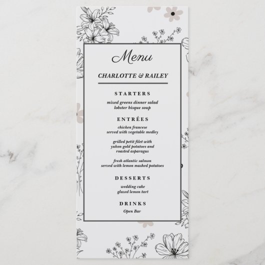 Grijs Zwart Retro Y2K Hippie Bloempatroon Menu (Voorkant)