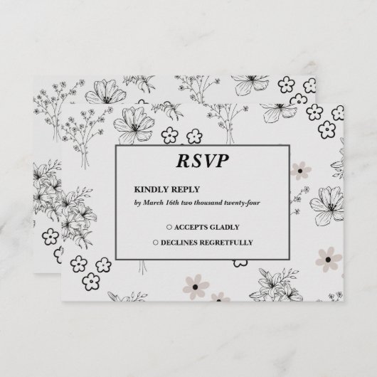 Grijs Zwart Retro Y2K Hippie Bloempatroon RSVP Kaartje (Voorkant / Achterkant)