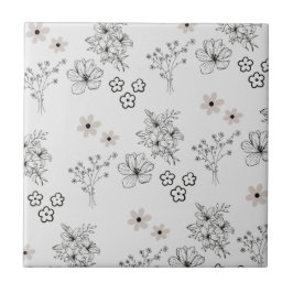 Grijs Zwart Retro Y2K Hippie Bloempatroon Tegeltje