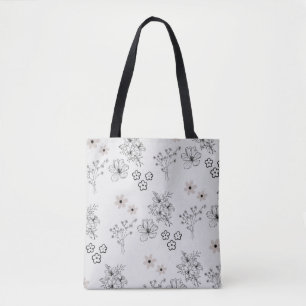 Grijs Zwart Retro Y2K Hippie Bloempatroon Tote Bag