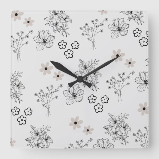 Grijs Zwart Retro Y2K Hippie Bloempatroon Vierkante Klok (Voorkant)
