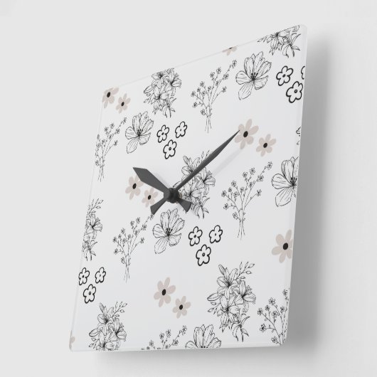 Grijs Zwart Retro Y2K Hippie Bloempatroon Vierkante Klok (Hoek)