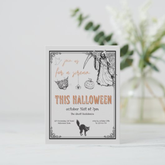  grijs zwart Sinaasappel Halloween Party Briefkaart (Staand voorkant)