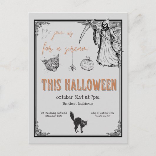  grijs zwart Sinaasappel Halloween Party Briefkaart (Voorkant)