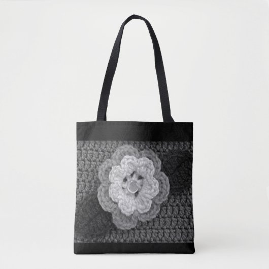 Grijs Zwart Wit Bloem Artisan Haakprint Tote Bag (Voorkant)
