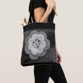 Grijs Zwart Wit Bloem Artisan Haakprint Tote Bag (Dichtbij)