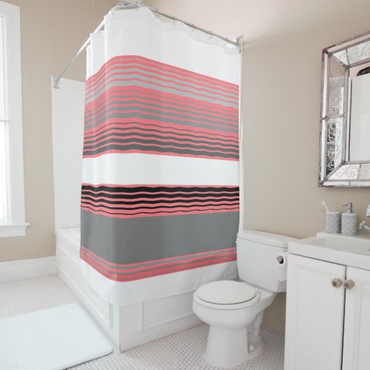 Grijs Zwart Wit en Koraal Douchegordijn (In situ)