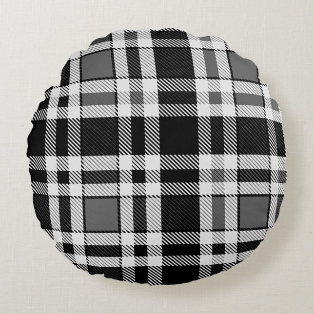 Grijs Zwart Wit Flanel Plaid Tartan Design Rond Kussen (Voorkant)