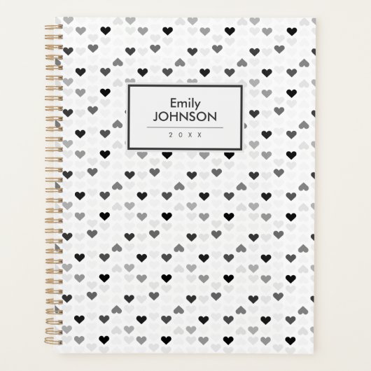 Grijs Zwart Wit Hart Patroon Planner (Voorkant)