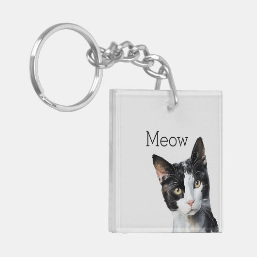 Grijs Zwart Wit Kitty Kat Sleutelhanger (Voorkant Links)