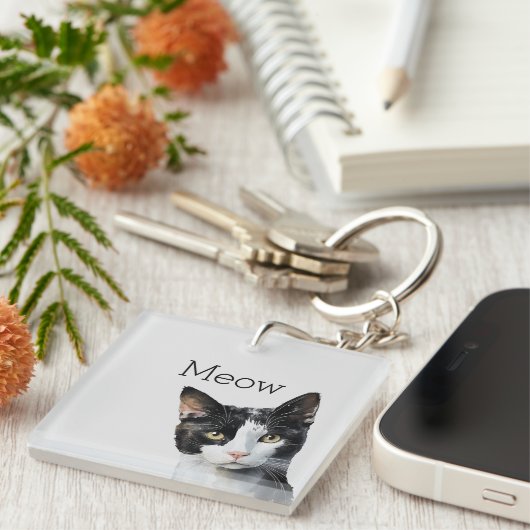 Grijs Zwart Wit Kitty Kat Sleutelhanger (Voorkant Rechts)