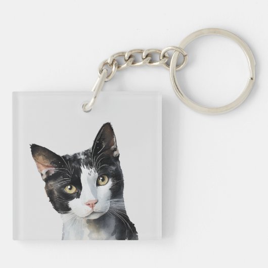 Grijs Zwart Wit Kitty Kat Sleutelhanger (Achterkant)