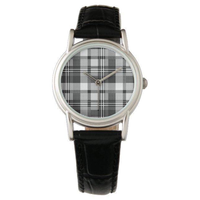 Grijs Zwart Wit Madras Plaid Ontwerp  Horloge (Voorkant)